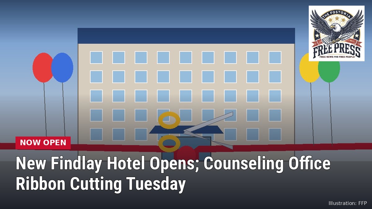 Illustration of a red ribbon and giant scissors in front of a new multi-story hotel with balloons, with headline: New Findlay Hotel Opens; Counseling Office Ribbon Cutting Tuesday